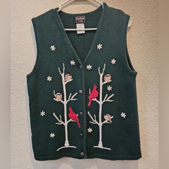 Southern Lady Knit Sweater Vest Size L Green Button up Birds Cardinal Grannycore - Picture 1 of 6